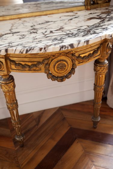 Hotel de la Villeon - a newly opened boutique hotel in the Rhone valley, France. 10 Hotel de la Villeon, in Ardeche. Detail of one of the antique pieces of furniture